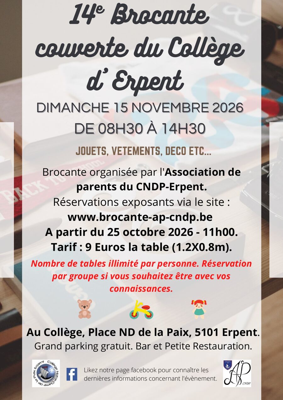 Affiche de la 14e brocante couverte du Collège d'Erpent, dimanche 15 novembre 2026 de 8h30 à 14h30.